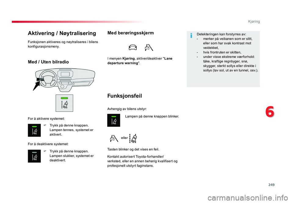 TOYOTA PROACE 2019 Instruksjoner for bruk (in Norwegian) 249
Proace_no_Chap06_conduite_ed01-2016
Med / Uten bilradio
Aktivering / Nøytralisering
F Trykk på denne knappen. Lampen tennes, systemet er
aktivert.
F
Trykk på denne knappen. Lampen slukker, sy TOYOTA PROACE 2019 Instruksjoner for bruk (in Norwegian) 249
Proace_no_Chap06_conduite_ed01-2016
Med / Uten bilradio
Aktivering / Nøytralisering
F Trykk på denne knappen. Lampen tennes, systemet er
aktivert.
F
Trykk på denne knappen. Lampen slukker, sy