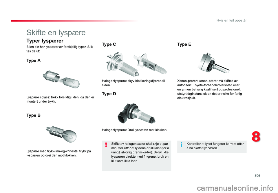 TOYOTA PROACE 2019  Instruksjoner for bruk (in Norwegian) 303
Proace_no_Chap08_En-cas-de-panne_ed01-2016
Skifte en lyspære
Halogenlyspære: Drei lyspæren mot klokken.
Ty p e  A
Lyspære med trykk-inn-og-vri feste: trykk på 
lyspæren og drei den mot klokk