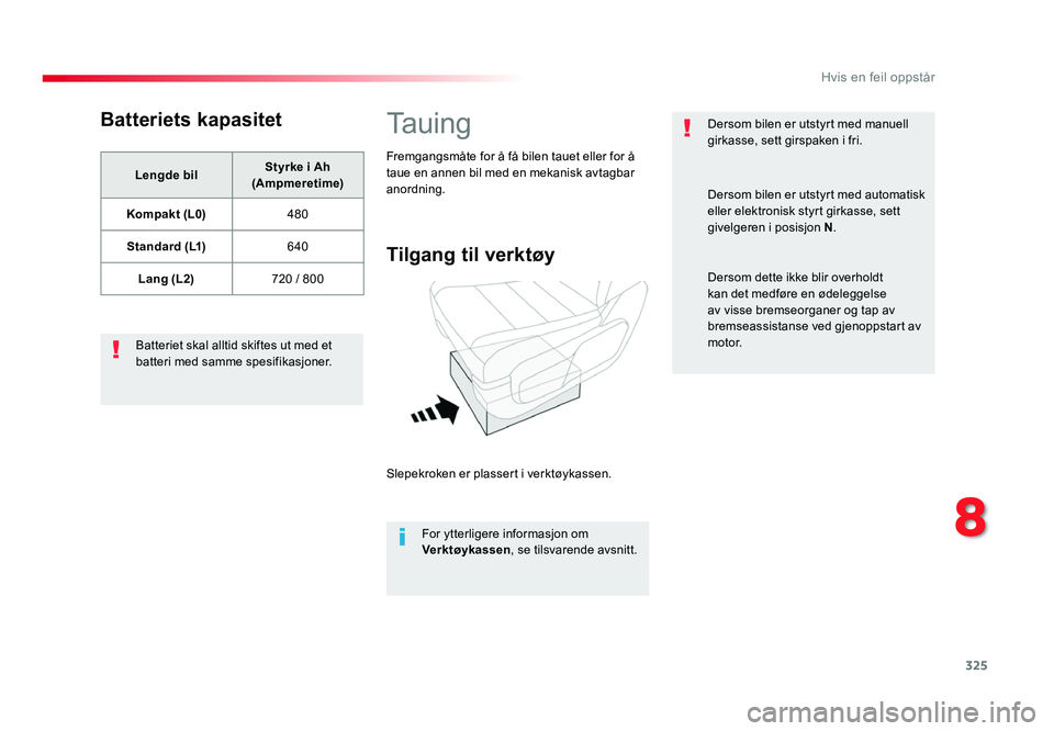 TOYOTA PROACE 2019 Instruksjoner for bruk (in Norwegian) 325
Proace_no_Chap08_En-cas-de-panne_ed01-2016
Batteriets kapasitet
Lengde bilStyrke i Ah
(Ampmeretime)
Kompakt (L0) 480
Standard (L1) 640
Lang (L2) 720 / 800
Batteriet skal alltid skiftes ut med et TOYOTA PROACE 2019 Instruksjoner for bruk (in Norwegian) 325
Proace_no_Chap08_En-cas-de-panne_ed01-2016
Batteriets kapasitet
Lengde bilStyrke i Ah
(Ampmeretime)
Kompakt (L0) 480
Standard (L1) 640
Lang (L2) 720 / 800
Batteriet skal alltid skiftes ut med et