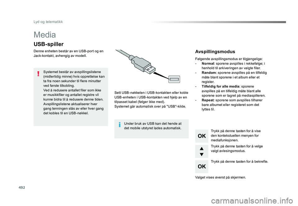 TOYOTA PROACE 2019 Instruksjoner for bruk (in Norwegian) 492
Proace_no_Chap10d_RD6_ed01-2016
Media
USB-spiller
Denne enheten består av en USB-port og en
Jack-kontakt, avhengig av modell.Sett USB-nøkkelen i USB-kontakten eller koble
USB-enheten i USB-kon TOYOTA PROACE 2019 Instruksjoner for bruk (in Norwegian) 492
Proace_no_Chap10d_RD6_ed01-2016
Media
USB-spiller
Denne enheten består av en USB-port og en
Jack-kontakt, avhengig av modell.Sett USB-nøkkelen i USB-kontakten eller koble
USB-enheten i USB-kon
