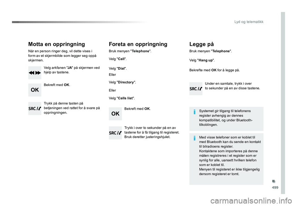 TOYOTA PROACE 2019 Instruksjoner for bruk (in Norwegian) 499
Proace_no_Chap10d_RD6_ed01-2016
Motta en oppringning
Når en person ringer deg, vil dette vises i
form av et skjermbilde som legger seg oppå
skjermen.Velg arkfanen " JA" på skjermen ve TOYOTA PROACE 2019 Instruksjoner for bruk (in Norwegian) 499
Proace_no_Chap10d_RD6_ed01-2016
Motta en oppringning
Når en person ringer deg, vil dette vises i
form av et skjermbilde som legger seg oppå
skjermen.Velg arkfanen " JA" på skjermen ve