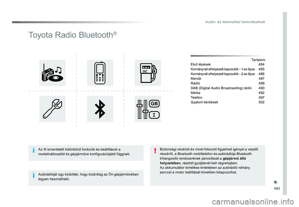TOYOTA PROACE 2019 Kezelési útmutató (in Hungarian) 483
Proace_hu_Chap10d_RD6_ed01-2016
Toyota Radio Bluetooth®
TartalomElső lépések 484
Kormánynál elhelyezett kapcsolók - 1-es típus 485
Kormánynál elhelyezett kapcsolók - 2-es típus 486
Men TOYOTA PROACE 2019 Kezelési útmutató (in Hungarian) 483
Proace_hu_Chap10d_RD6_ed01-2016
Toyota Radio Bluetooth®
TartalomElső lépések 484
Kormánynál elhelyezett kapcsolók - 1-es típus 485
Kormánynál elhelyezett kapcsolók - 2-es típus 486
Men