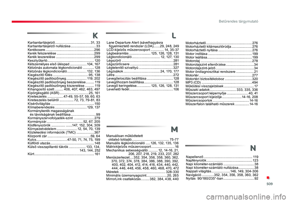 TOYOTA PROACE 2019 Kezelési útmutató (in Hungarian) 509
Proace_hu_Chap11_index-alpha_ed01-2016
Karbantartásjelző ......................................31, 3 3
Karbantartásjelző nullázása ...........................33
Kerékcsere ................. TOYOTA PROACE 2019 Kezelési útmutató (in Hungarian) 509
Proace_hu_Chap11_index-alpha_ed01-2016
Karbantartásjelző ......................................31, 3 3
Karbantartásjelző nullázása ...........................33
Kerékcsere .................