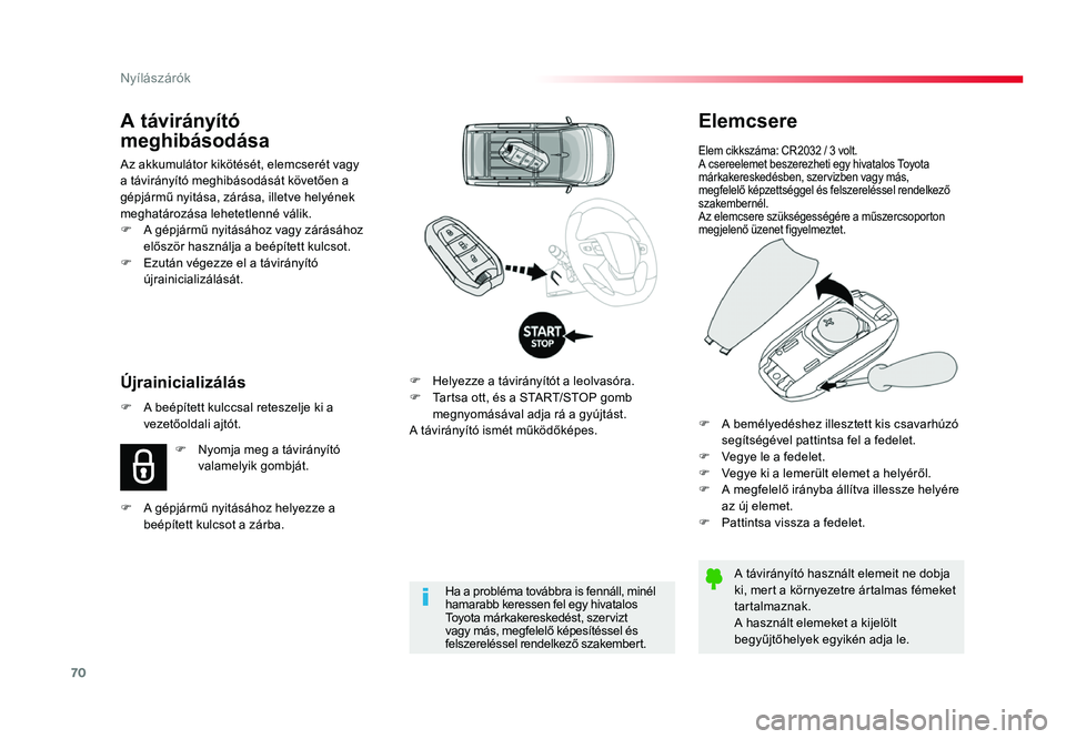 TOYOTA PROACE 2019 Kezelési útmutató (in Hungarian) 70
Proace_hu_Chap02_ouvertures_ed01-2016
Elemcsere
Elem cikkszáma: CR2032 / 3 volt.
A csereelemet beszerezheti egy hivatalos Toyota
márkakereskedésben, szervizben vagy más,
megfelelő képzetts TOYOTA PROACE 2019 Kezelési útmutató (in Hungarian) 70
Proace_hu_Chap02_ouvertures_ed01-2016
Elemcsere
Elem cikkszáma: CR2032 / 3 volt.
A csereelemet beszerezheti egy hivatalos Toyota
márkakereskedésben, szervizben vagy más,
megfelelő képzetts