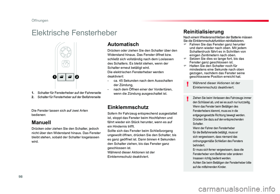 TOYOTA PROACE 2019 Betriebsanleitungen (in German) 98
Öffnungen
Jumpy _de_Chap02_ouvertures_ed01-2016
1. Schalter für Fensterheber auf der Fahrerseite
2. Schalter für Fensterheber auf der Beifahrerseite
Reinitialisierung
Nach einem Wiederanschlie TOYOTA PROACE 2019 Betriebsanleitungen (in German) 98
Öffnungen
Jumpy _de_Chap02_ouvertures_ed01-2016
1. Schalter für Fensterheber auf der Fahrerseite
2. Schalter für Fensterheber auf der Beifahrerseite
Reinitialisierung
Nach einem Wiederanschlie
