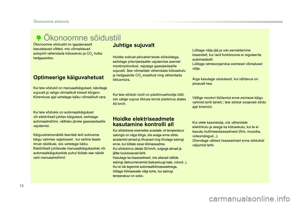 TOYOTA PROACE 2019 Kasutusjuhend (in Estonian) 12
Ökonoomne sõiduviis
Proace_et_Chap00c_eco-conduite_ed01-2016
Ökonoomne sõidustiil on igapäevaselt
kasutatavad võtted, mis võimaldavad
autojuhil vähendada kütusekulu ja CO
2 hulka
heitga TOYOTA PROACE 2019 Kasutusjuhend (in Estonian) 12
Ökonoomne sõiduviis
Proace_et_Chap00c_eco-conduite_ed01-2016
Ökonoomne sõidustiil on igapäevaselt
kasutatavad võtted, mis võimaldavad
autojuhil vähendada kütusekulu ja CO
2 hulka
heitga