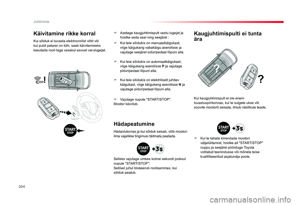 TOYOTA PROACE 2019  Kasutusjuhend (in Estonian) 204
Juhtimine
Proace_et_Chap06_conduite_ed01-2016
Käivitamine rikke korral
Kui sõiduk ei tuvasta elektroonilist võtit või 
kui puldi patarei on tühi, saab käivitamiseks 
kasutada rooli taga vasa