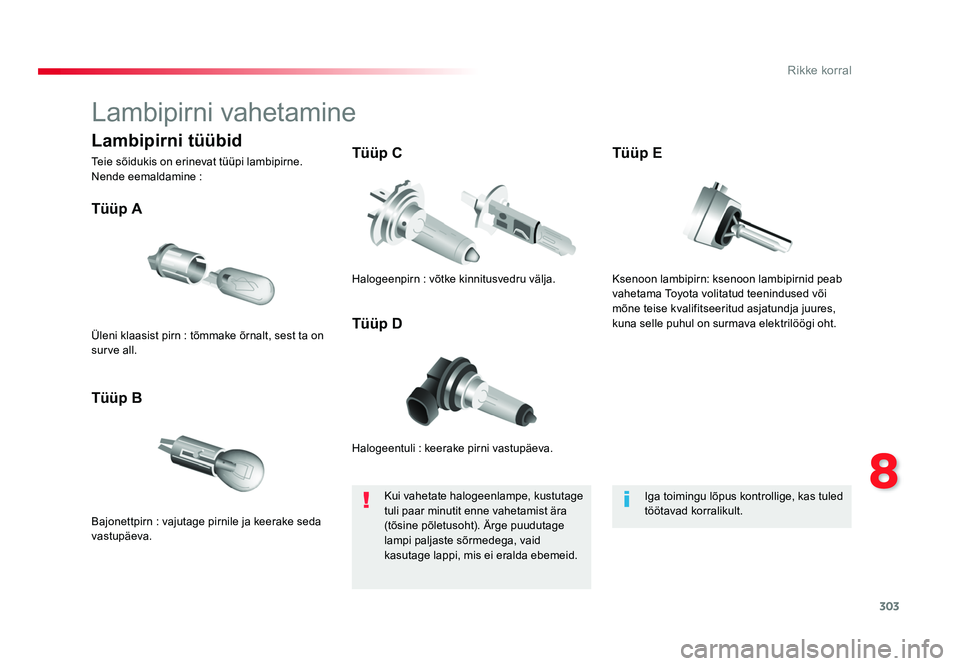 TOYOTA PROACE 2019  Kasutusjuhend (in Estonian) 303
8
Rikke korral
Proace_et_Chap08_En-cas-de-panne_ed01-2016
Lambipirni vahetamine
Halogeentuli : keerake pirni vastupäeva.
Tüüp A
Bajonettpirn : vajutage pirnile ja keerake seda 
vastupäeva.
Tü