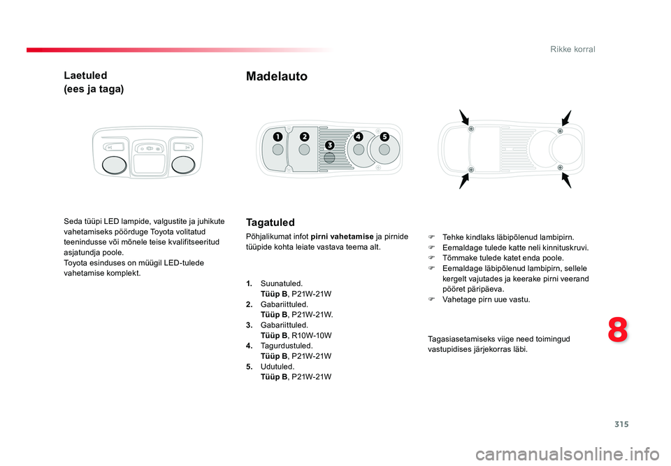 TOYOTA PROACE 2019 Kasutusjuhend (in Estonian) 315
8
Rikke korral
Proace_et_Chap08_En-cas-de-panne_ed01-2016
Laetuled
(ees ja taga)
Seda tüüpi LED lampide, valgustite ja juhikute
vahetamiseks pöörduge Toyota volitatud
teenindusse või mõnel TOYOTA PROACE 2019 Kasutusjuhend (in Estonian) 315
8
Rikke korral
Proace_et_Chap08_En-cas-de-panne_ed01-2016
Laetuled
(ees ja taga)
Seda tüüpi LED lampide, valgustite ja juhikute
vahetamiseks pöörduge Toyota volitatud
teenindusse või mõnel