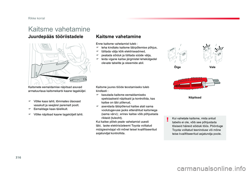 TOYOTA PROACE 2019 Kasutusjuhend (in Estonian) 316
Rikke korral
Proace_et_Chap08_En-cas-de-panne_ed01-2016
F Võtke kaas lahti, tõmmates ülaosast vasakult ja seejärel paremalt poolt.
F Eemaldage kaas täielikult. Õige
Vale
Näpitsad
Juurdepà TOYOTA PROACE 2019 Kasutusjuhend (in Estonian) 316
Rikke korral
Proace_et_Chap08_En-cas-de-panne_ed01-2016
F Võtke kaas lahti, tõmmates ülaosast vasakult ja seejärel paremalt poolt.
F Eemaldage kaas täielikult. Õige
Vale
Näpitsad
JuurdepÃ