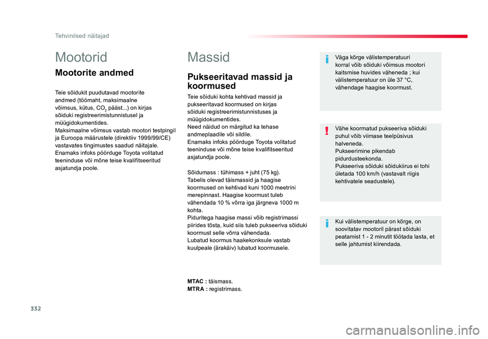 TOYOTA PROACE 2019  Kasutusjuhend (in Estonian) 332
Tehvinilsed näitajad
Proace_et_Chap09_caracteristiques-techniques_ed01-2016
Mootorid
Mootorite andmed
Teie sõidukit puudutavad mootorite 
andmed (töömaht, maksimaalne 
võimsus, kütus, CO
2 p