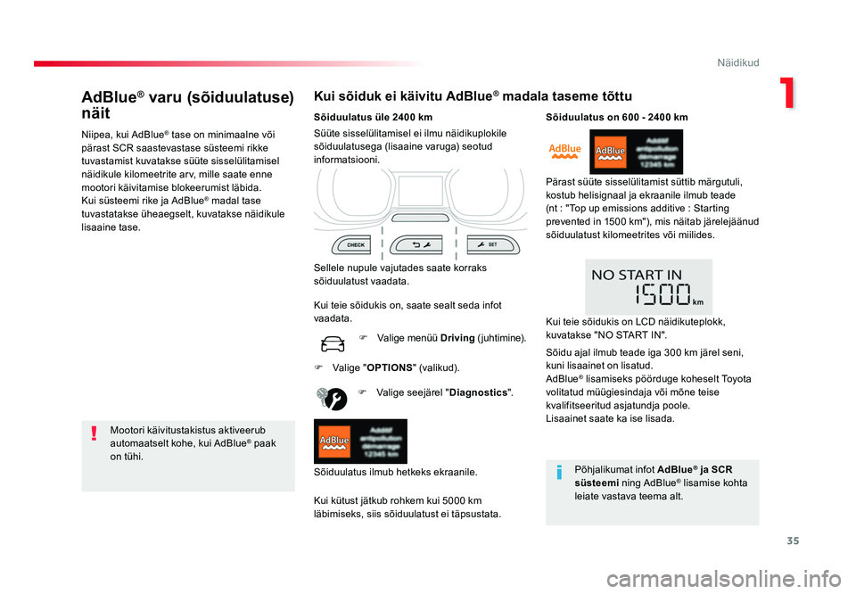 TOYOTA PROACE 2019 Kasutusjuhend (in Estonian) 35
1
Näidikud
Proace_et_Chap01_instruments-de-bord_ed01-2016
AdBlue® varu (sõiduulatuse)
näit
Niipea, kui AdBlue® tase on minimaalne või
pärast SCR saastevastase süsteemi rikke
tuvastamist TOYOTA PROACE 2019 Kasutusjuhend (in Estonian) 35
1
Näidikud
Proace_et_Chap01_instruments-de-bord_ed01-2016
AdBlue® varu (sõiduulatuse)
näit
Niipea, kui AdBlue® tase on minimaalne või
pärast SCR saastevastase süsteemi rikke
tuvastamist