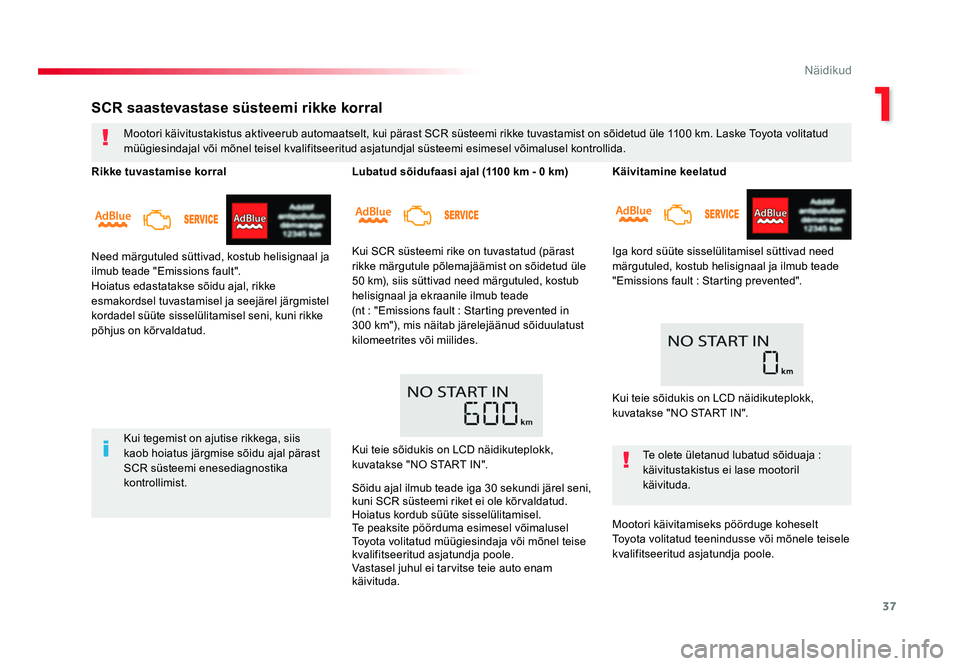 TOYOTA PROACE 2019 Kasutusjuhend (in Estonian) 37
1
Näidikud
Proace_et_Chap01_instruments-de-bord_ed01-2016
Käivitamine keelatud
Iga kord süüte sisselülitamisel süttivad need
märgutuled, kostub helisignaal ja ilmub teade
"Emissions fa TOYOTA PROACE 2019 Kasutusjuhend (in Estonian) 37
1
Näidikud
Proace_et_Chap01_instruments-de-bord_ed01-2016
Käivitamine keelatud
Iga kord süüte sisselülitamisel süttivad need
märgutuled, kostub helisignaal ja ilmub teade
"Emissions fa