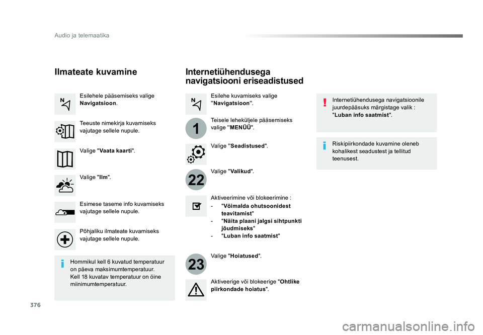TOYOTA PROACE 2019 Kasutusjuhend (in Estonian) 376
22
23
1
Audio ja telemaatika
Proace_et_Chap10b_NAC-1_ed01-2016
Internetiühendusega
navigatsiooni eriseadistused
Internetiühendusega navigatsioonile
juurdepääsuks märgistage valik :
"Lu TOYOTA PROACE 2019 Kasutusjuhend (in Estonian) 376
22
23
1
Audio ja telemaatika
Proace_et_Chap10b_NAC-1_ed01-2016
Internetiühendusega
navigatsiooni eriseadistused
Internetiühendusega navigatsioonile
juurdepääsuks märgistage valik :
"Lu