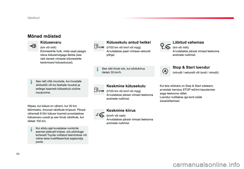 TOYOTA PROACE 2019  Kasutusjuhend (in Estonian) 42
Näidikud
Proace_et_Chap01_instruments-de-bord_ed01-2016
Mõned mõisted
Kütusevaru
(km või miili)
Kilomeetrite hulk, mida saab paagis 
oleva kütusehulgaga läbida (see 
näit oleneb viimaste ki