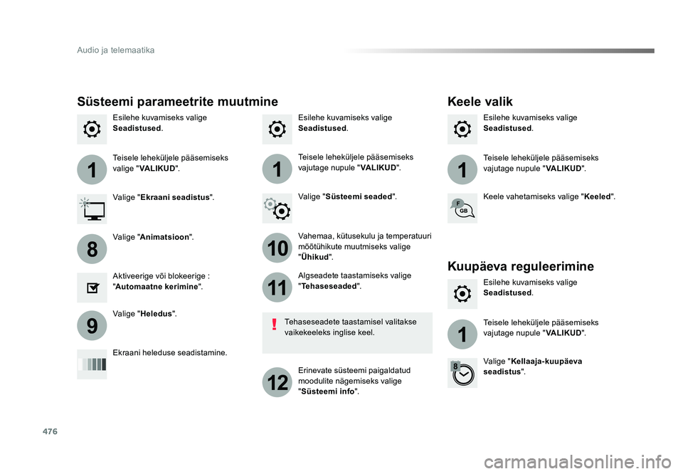 TOYOTA PROACE 2019 Kasutusjuhend (in Estonian) 476
111
10
11
12
8
91
Audio ja telemaatika
Proace_et_Chap10c_RCC-1_ed01-2016
Esilehe kuvamiseks valige
Seadistused. Esilehe kuvamiseks valige
Seadistused
.
Esilehe kuvamiseks valige
Seadistused
.
T TOYOTA PROACE 2019 Kasutusjuhend (in Estonian) 476
111
10
11
12
8
91
Audio ja telemaatika
Proace_et_Chap10c_RCC-1_ed01-2016
Esilehe kuvamiseks valige
Seadistused. Esilehe kuvamiseks valige
Seadistused
.
Esilehe kuvamiseks valige
Seadistused
.
T