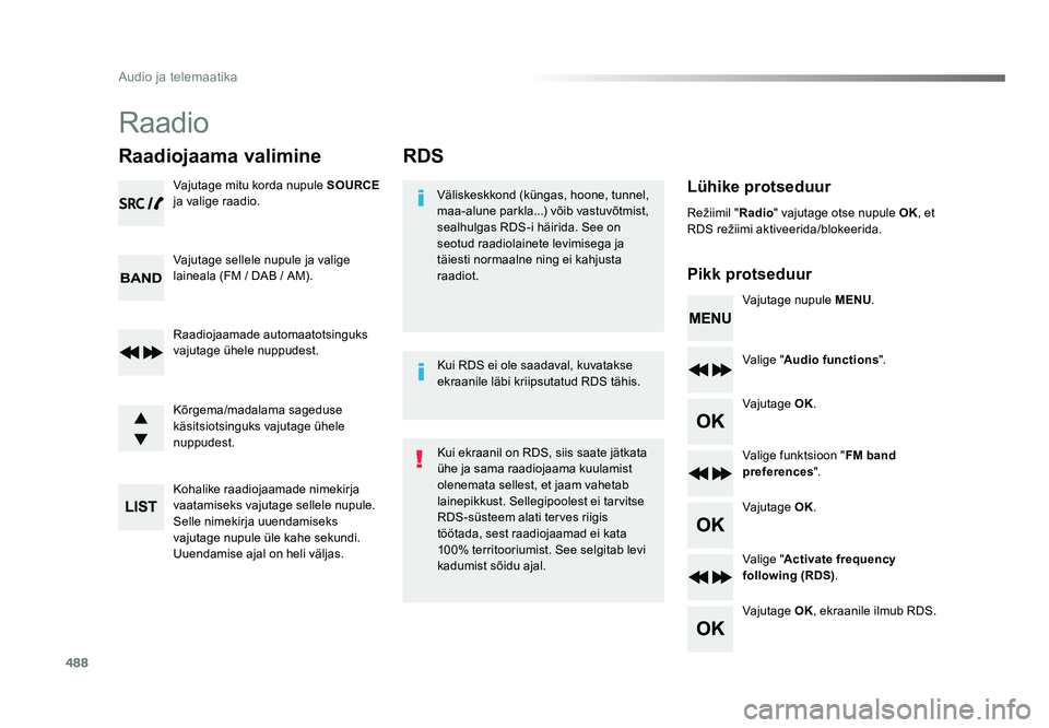 TOYOTA PROACE 2019 Kasutusjuhend (in Estonian) 488
Audio ja telemaatika
Proace_et_Chap10d_RD6_ed01-2016
RDS
Lühike protseduur
Pikk protseduurVäliskeskkond (küngas, hoone, tunnel,
maa-alune parkla...) võib vastuvõtmist,
sealhulgas RDS-i häi TOYOTA PROACE 2019 Kasutusjuhend (in Estonian) 488
Audio ja telemaatika
Proace_et_Chap10d_RD6_ed01-2016
RDS
Lühike protseduur
Pikk protseduurVäliskeskkond (küngas, hoone, tunnel,
maa-alune parkla...) võib vastuvõtmist,
sealhulgas RDS-i häi