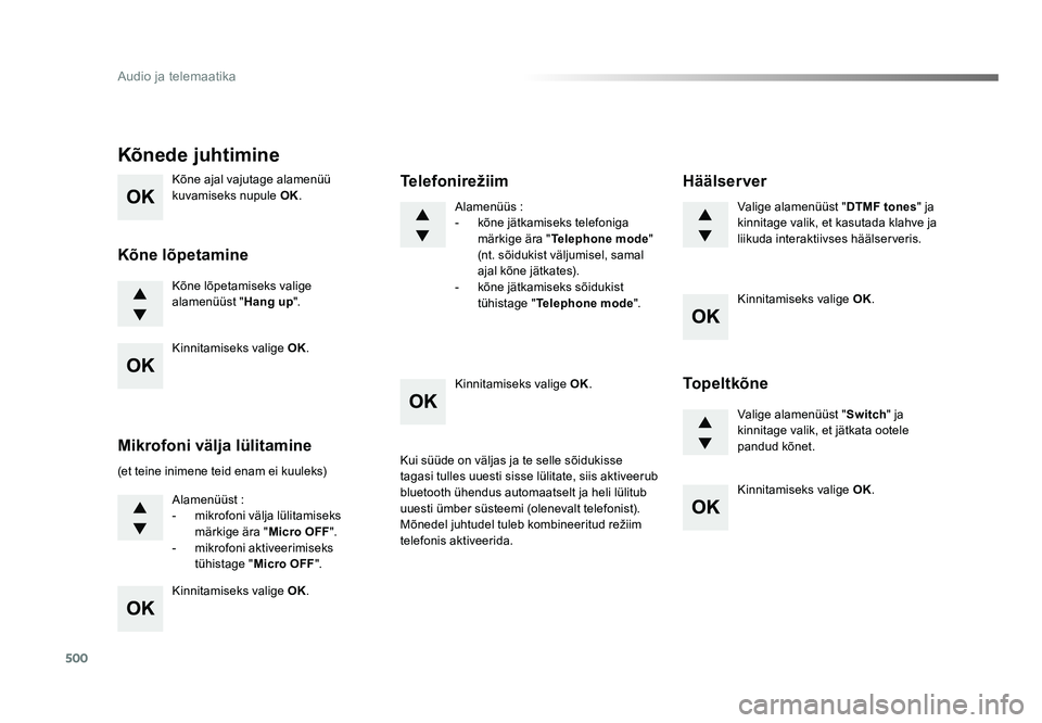 TOYOTA PROACE 2019 Kasutusjuhend (in Estonian) 500
Audio ja telemaatika
Proace_et_Chap10d_RD6_ed01-2016
Kõne ajal vajutage alamenüü
kuvamiseks nupule OK.
Kõne lõpetamiseks valige
alamenüüst " Hang up".
Kõnede juhtimine
Kõne lõp TOYOTA PROACE 2019 Kasutusjuhend (in Estonian) 500
Audio ja telemaatika
Proace_et_Chap10d_RD6_ed01-2016
Kõne ajal vajutage alamenüü
kuvamiseks nupule OK.
Kõne lõpetamiseks valige
alamenüüst " Hang up".
Kõnede juhtimine
Kõne lõp