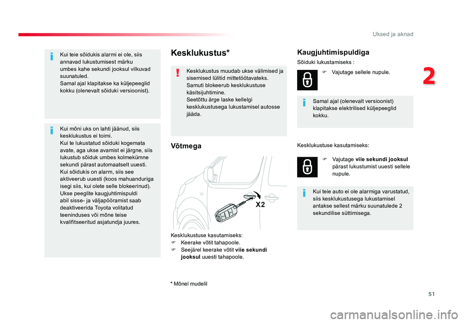 TOYOTA PROACE 2019  Kasutusjuhend (in Estonian) 51
2
Uksed ja aknad
Proace_et_Chap02_ouvertures_ed01-2016
Kesklukustus*
Kesklukustus muudab ukse välimised ja 
sisemised lülitid mittetöötavateks.
Samuti blokeerub kesklukustuse 
käsitsijuhtimine