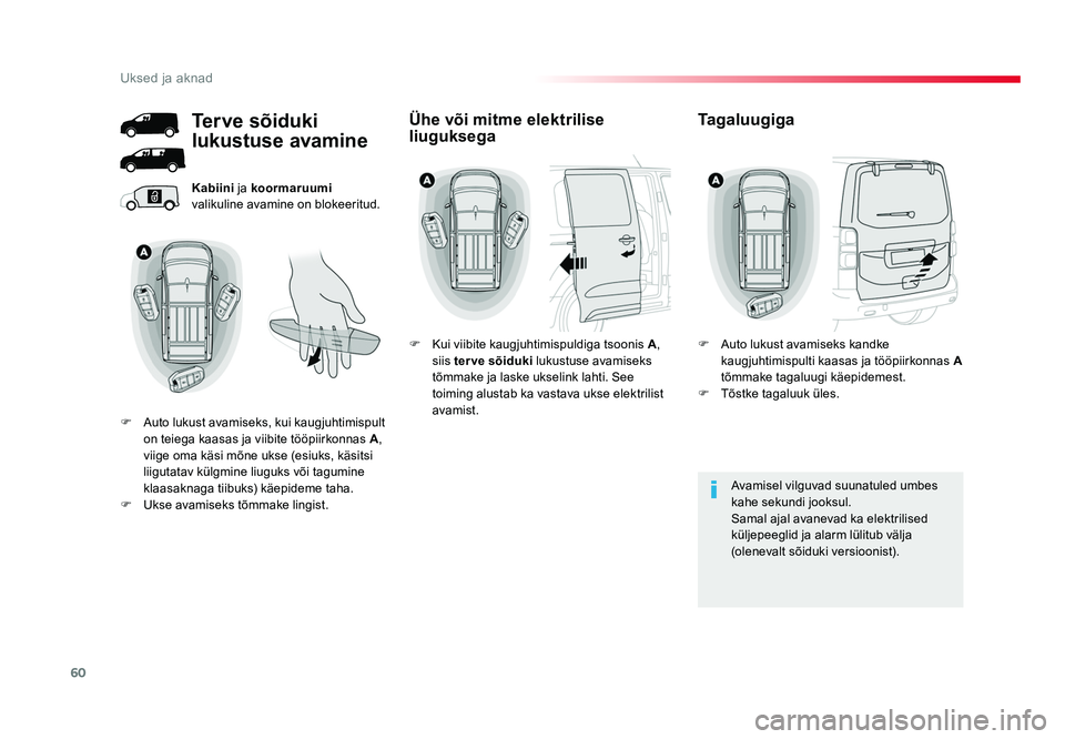 TOYOTA PROACE 2019  Kasutusjuhend (in Estonian) 60
Uksed ja aknad
Proace_et_Chap02_ouvertures_ed01-2016
Kabiini ja koormaruumi  
valikuline avamine on blokeeritud.
Avamisel vilguvad suunatuled umbes 
kahe sekundi jooksul.
Samal ajal avanevad ka ele