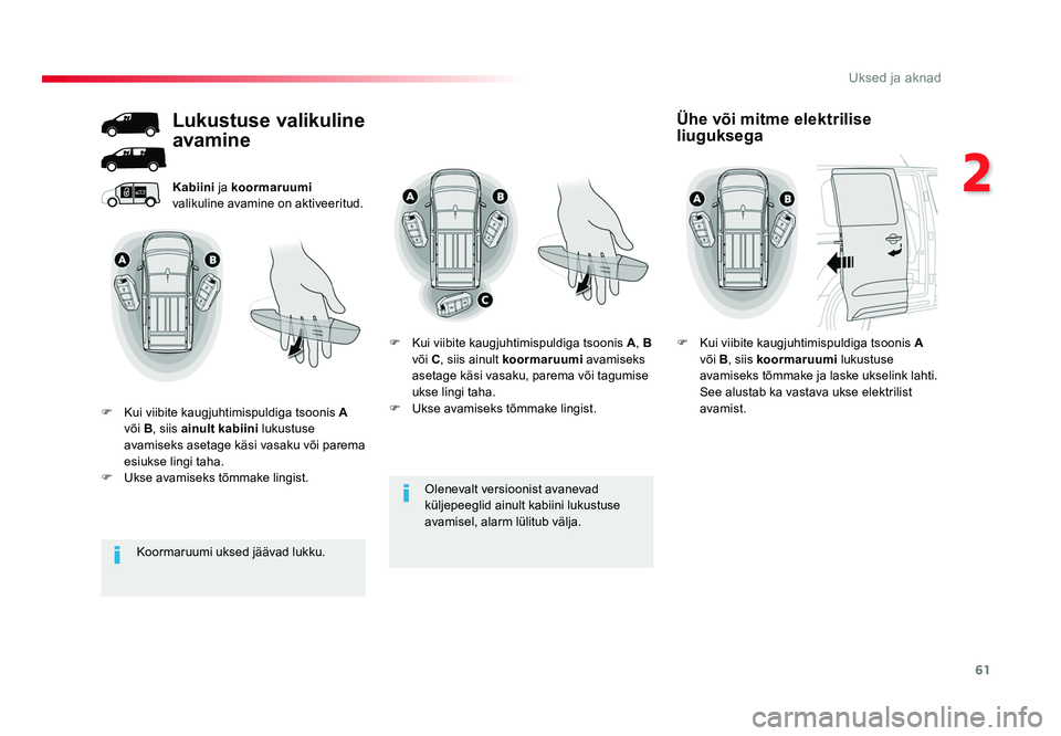 TOYOTA PROACE 2019  Kasutusjuhend (in Estonian) 61
2
Uksed ja aknad
Proace_et_Chap02_ouvertures_ed01-2016
Olenevalt versioonist avanevad 
küljepeeglid ainult kabiini lukustuse 
avamisel, alarm lülitub välja.
Kabiini 
ja koormaruumi  
valikuline 