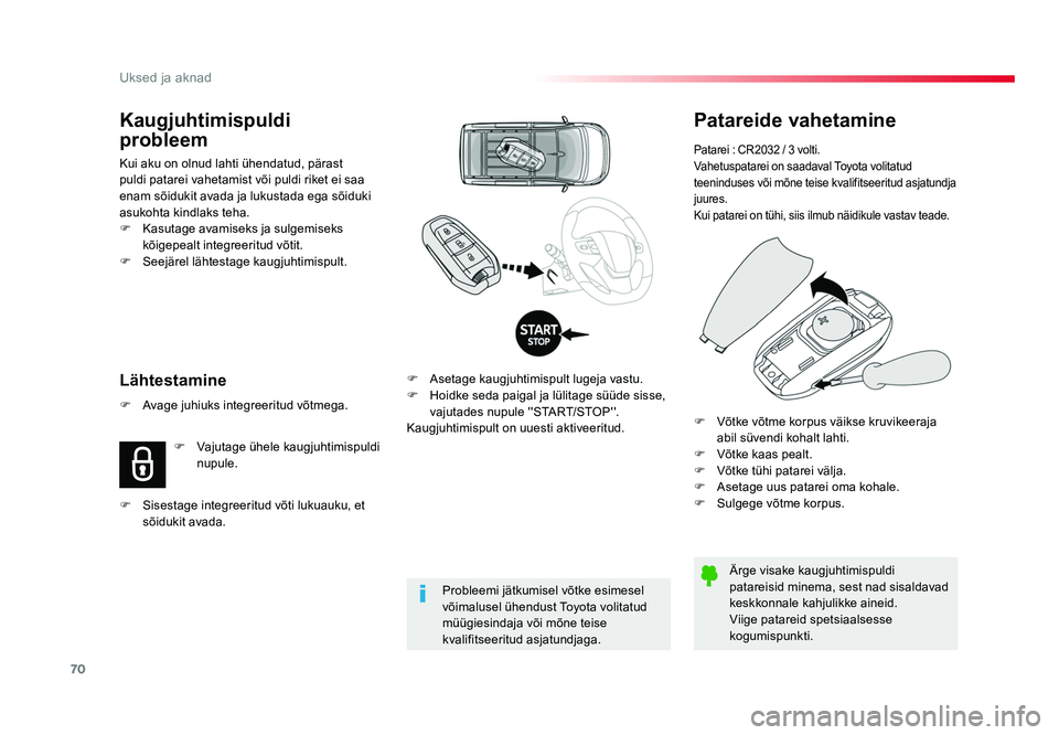 TOYOTA PROACE 2019  Kasutusjuhend (in Estonian) 70
Uksed ja aknad
Proace_et_Chap02_ouvertures_ed01-2016
Patareide vahetamine
Patarei : CR2032 / 3 volti.
Vahetuspatarei on saadaval Toyota volitatud 
teeninduses või mõne teise kvalifitseeritud asja
