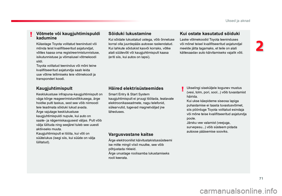 TOYOTA PROACE 2019  Kasutusjuhend (in Estonian) 71
2
Uksed ja aknad
Proace_et_Chap02_ouvertures_ed01-2016
Võtmete või kaugjuhtimispuldi 
kadumine
Külastage Toyota volitatud teenindust või 
mõnda teist kvalifitseeritud asjatundjat, 
võttes kaa