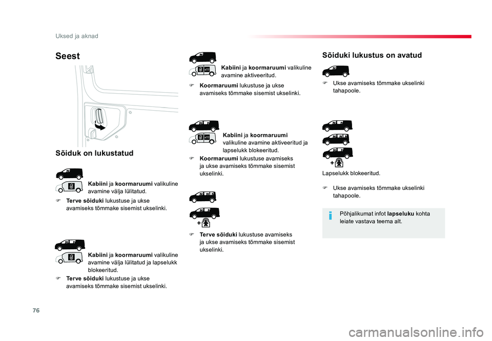 TOYOTA PROACE 2019  Kasutusjuhend (in Estonian) 76
Uksed ja aknad
Proace_et_Chap02_ouvertures_ed01-2016
Põhjalikumat infot lapseluku kohta 
leiate vastava teema alt.
Seest
Kabiini  ja koormaruumi  valikuline 
avamine välja lülitatud. F 
Koormaru