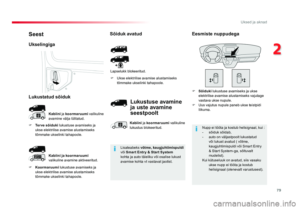TOYOTA PROACE 2019  Kasutusjuhend (in Estonian) 79
2
Uksed ja aknad
Proace_et_Chap02_ouvertures_ed01-2016
F Koormaruumi  lukustuse avamiseks ja 
ukse elektrilise avamise alustamiseks 
tõmmake ukselinki tahapoole. F 
Ukse elektrilise avamise alusta