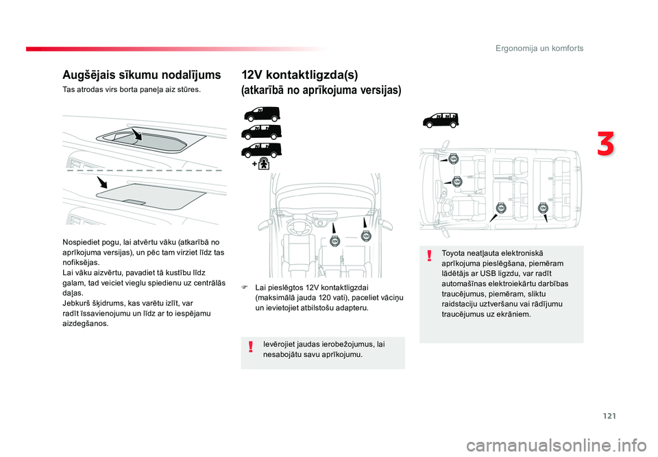 TOYOTA PROACE 2019  Lietošanas Instrukcija (in Latvian) 121
3
Ergonomija un komforts
Jumpy _lv_Chap03_ergonomie-et-confort_ed01-2016
Augšējais sīkumu nodalījums
Tas atrodas virs borta paneļa aiz stūres.
Nospiediet pogu, lai atvērtu vāku (atkarībā