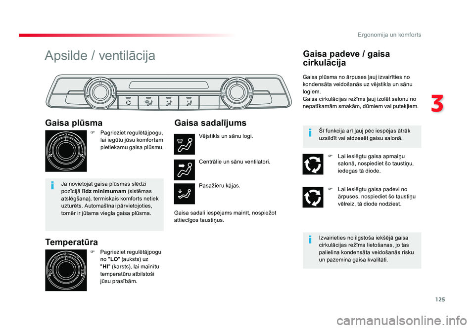 TOYOTA PROACE 2019  Lietošanas Instrukcija (in Latvian) 125
3
Ergonomija un komforts
Jumpy _lv_Chap03_ergonomie-et-confort_ed01-2016
Temperatūra
Gaisa plūsma
F 
Pagrieziet regulētājpogu, 
lai iegūtu jūsu komfortam 
pietiekamu gaisa plūsmu.
Ja noviet