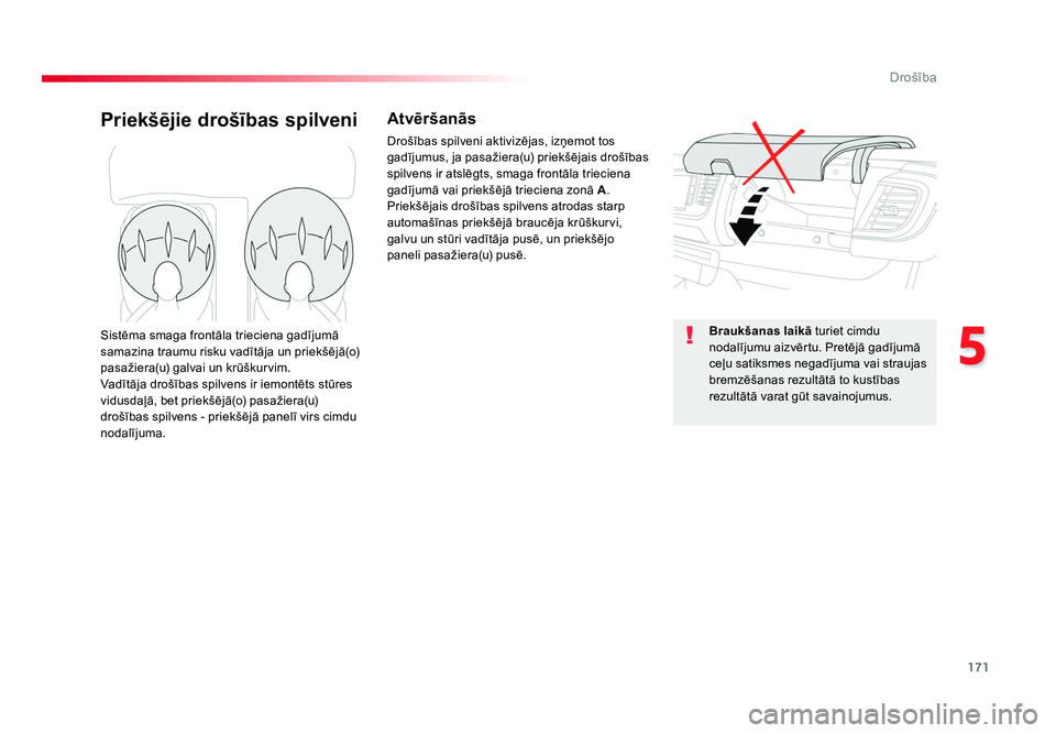 TOYOTA PROACE 2019  Lietošanas Instrukcija (in Latvian) 171
5
Drošība
Jumpy _lv_Chap05_securite_ed01-2016
Priekšējie drošības spilveniAtvēršanās
Drošības spilveni aktivizējas, izņemot tos 
gadījumus, ja pasažiera(u) priekšējais drošības 