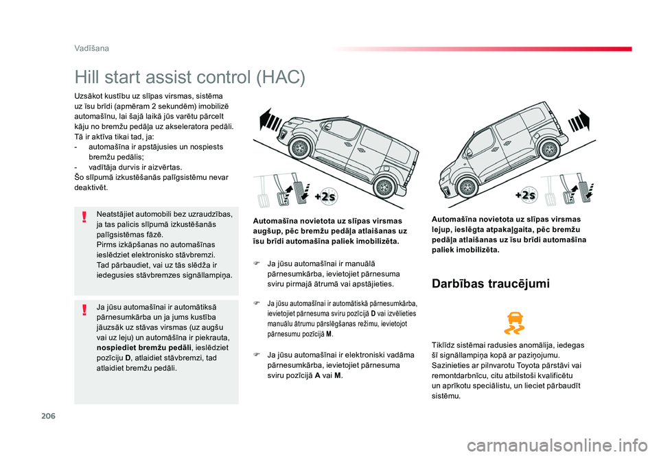 TOYOTA PROACE 2019 Lietošanas Instrukcija (in Latvian) 206
Vadīšana
Jumpy _lv_Chap06_conduite_ed01-2016
Hill start assist control (HAC)
Uzsākot kustību uz slīpas virsmas, sistēma
uz īsu brīdi (apmēram 2 sekundēm) imobilizē
automašīnu, lai TOYOTA PROACE 2019 Lietošanas Instrukcija (in Latvian) 206
Vadīšana
Jumpy _lv_Chap06_conduite_ed01-2016
Hill start assist control (HAC)
Uzsākot kustību uz slīpas virsmas, sistēma
uz īsu brīdi (apmēram 2 sekundēm) imobilizē
automašīnu, lai
