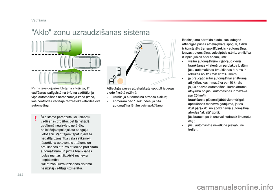 TOYOTA PROACE 2019  Lietošanas Instrukcija (in Latvian) 252
Vadīšana
Jumpy _lv_Chap06_conduite_ed01-2016
"Aklo" zonu uzraudzīšanas sistēma
Attiecīgās puses atpakaļskata spogulī iedegas 
diode fiksētā režīmā:
-  uzreiz, ja automašīna
