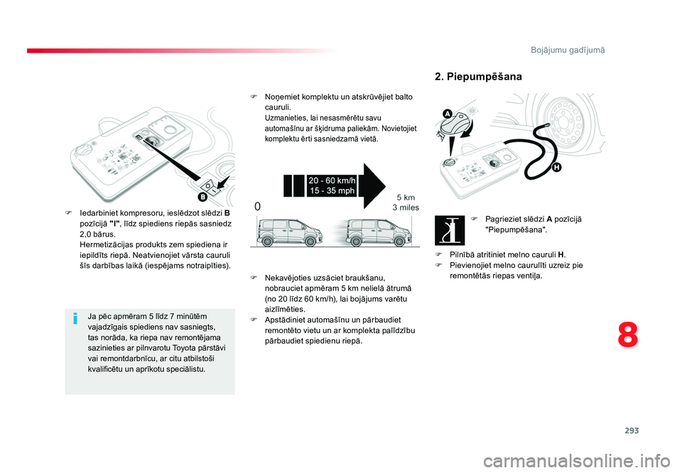 TOYOTA PROACE 2019 Lietošanas Instrukcija (in Latvian) 293
8
Bojājumu gadījumā
Jumpy _lv_Chap08_En-cas-de-panne_ed01-2016
Ja pēc apmēram 5 līdz 7 minūtēm
vajadzīgais spiediens nav sasniegts,
tas norāda, ka riepa nav remontējama
sazinieties a TOYOTA PROACE 2019 Lietošanas Instrukcija (in Latvian) 293
8
Bojājumu gadījumā
Jumpy _lv_Chap08_En-cas-de-panne_ed01-2016
Ja pēc apmēram 5 līdz 7 minūtēm
vajadzīgais spiediens nav sasniegts,
tas norāda, ka riepa nav remontējama
sazinieties a