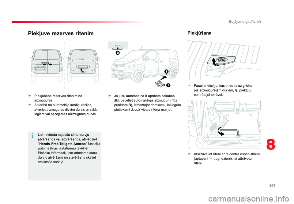 TOYOTA PROACE 2019 Lietošanas Instrukcija (in Latvian) 297
8
Bojājumu gadījumā
Jumpy _lv_Chap08_En-cas-de-panne_ed01-2016
F Piekļūšana rezerves ritenim no aizmugures.
F Atkarībā no automobiļa konfigurācijas, atveriet aizmugures divviru durvis TOYOTA PROACE 2019 Lietošanas Instrukcija (in Latvian) 297
8
Bojājumu gadījumā
Jumpy _lv_Chap08_En-cas-de-panne_ed01-2016
F Piekļūšana rezerves ritenim no aizmugures.
F Atkarībā no automobiļa konfigurācijas, atveriet aizmugures divviru durvis