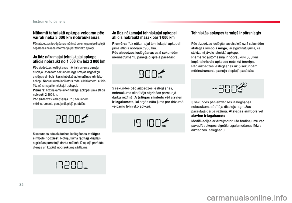 TOYOTA PROACE 2019 Lietošanas Instrukcija (in Latvian) 32
Instrumentu panelis
Jumpy _lv_Chap01_instruments-de-bord_ed01-2016
Ja līdz nākamajai tehniskajai apkopei
atlicis nobraukt no 1 000 km līdz 3 000 km
Pēc aizdedzes ieslēgšanas mērinstrumentu TOYOTA PROACE 2019 Lietošanas Instrukcija (in Latvian) 32
Instrumentu panelis
Jumpy _lv_Chap01_instruments-de-bord_ed01-2016
Ja līdz nākamajai tehniskajai apkopei
atlicis nobraukt no 1 000 km līdz 3 000 km
Pēc aizdedzes ieslēgšanas mērinstrumentu