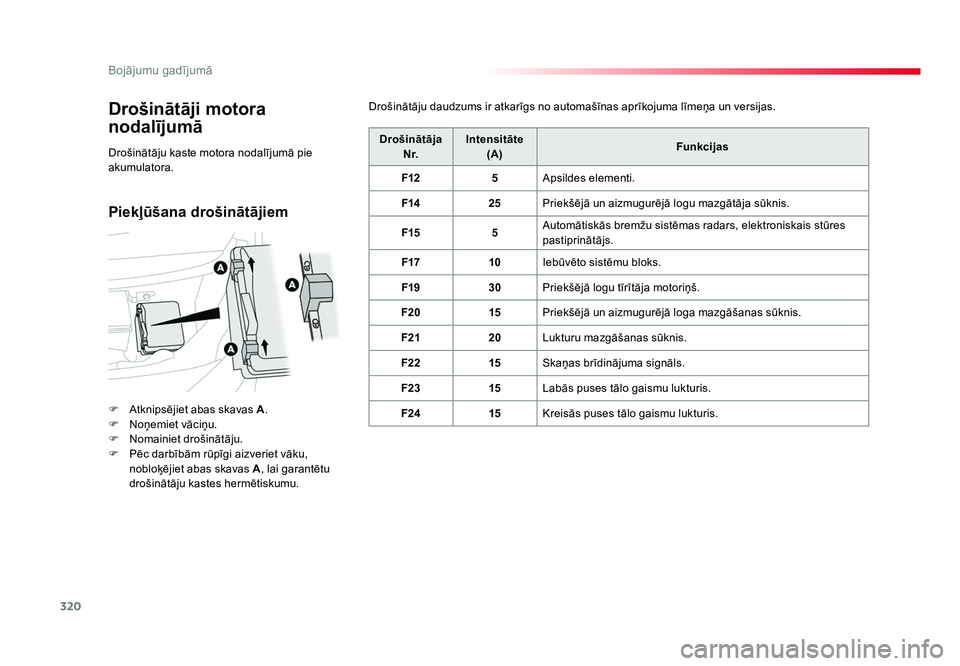 TOYOTA PROACE 2019  Lietošanas Instrukcija (in Latvian) 320
Bojājumu gadījumā
Jumpy _lv_Chap08_En-cas-de-panne_ed01-2016
Drošinātāji motora 
nodalījumā
F  Atknipsējiet abas skavas A.
F  Noņemiet vāciņu.
F  Nomainiet drošinātāju.
F  Pēc darb