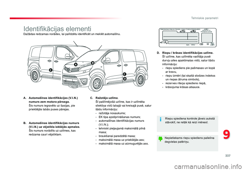TOYOTA PROACE 2019  Lietošanas Instrukcija (in Latvian) 337
9
Tehniskie parametri
Jumpy _lv_Chap09_caracteristiques-techniques_ed01-2016
Identifikācijas elementiDažādas redzamas norādes, lai palīdzētu identificēt un meklēt automašīnu.
A. Automaš