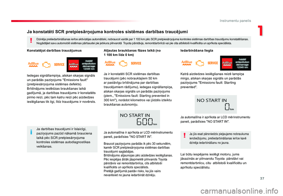 TOYOTA PROACE 2019 Lietošanas Instrukcija (in Latvian) 37
1
Instrumentu panelis
Jumpy _lv_Chap01_instruments-de-bord_ed01-2016
Iedarbināšana liegta
Katrā aizdedzes ieslēgšanas reizē lampiņa
mirgo, atskan skaņas signāls un parādās
paziņojums TOYOTA PROACE 2019 Lietošanas Instrukcija (in Latvian) 37
1
Instrumentu panelis
Jumpy _lv_Chap01_instruments-de-bord_ed01-2016
Iedarbināšana liegta
Katrā aizdedzes ieslēgšanas reizē lampiņa
mirgo, atskan skaņas signāls un parādās
paziņojums