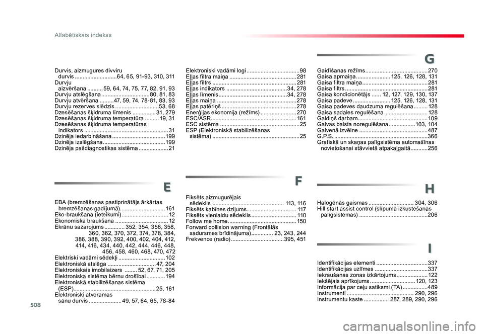 TOYOTA PROACE 2019  Lietošanas Instrukcija (in Latvian) 508
Alfabētiskais indekss
Jumpy_lv_Chap11_index-alpha_ed01-2016
G
Gaidīšanas režīms ........................................ 270
Gaisa apmaiņa  ......................125, 126, 128, 131
Gaisa fil