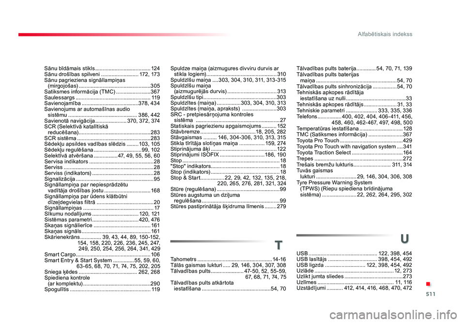 TOYOTA PROACE 2019  Lietošanas Instrukcija (in Latvian) 511
.
Alfabētiskais indekss
Jumpy_lv_Chap11_index-alpha_ed01-2016
Tālvadības pults baterija ............. 54, 70, 71, 139
Tālvadības pults baterijas   
maiņa  ...................................