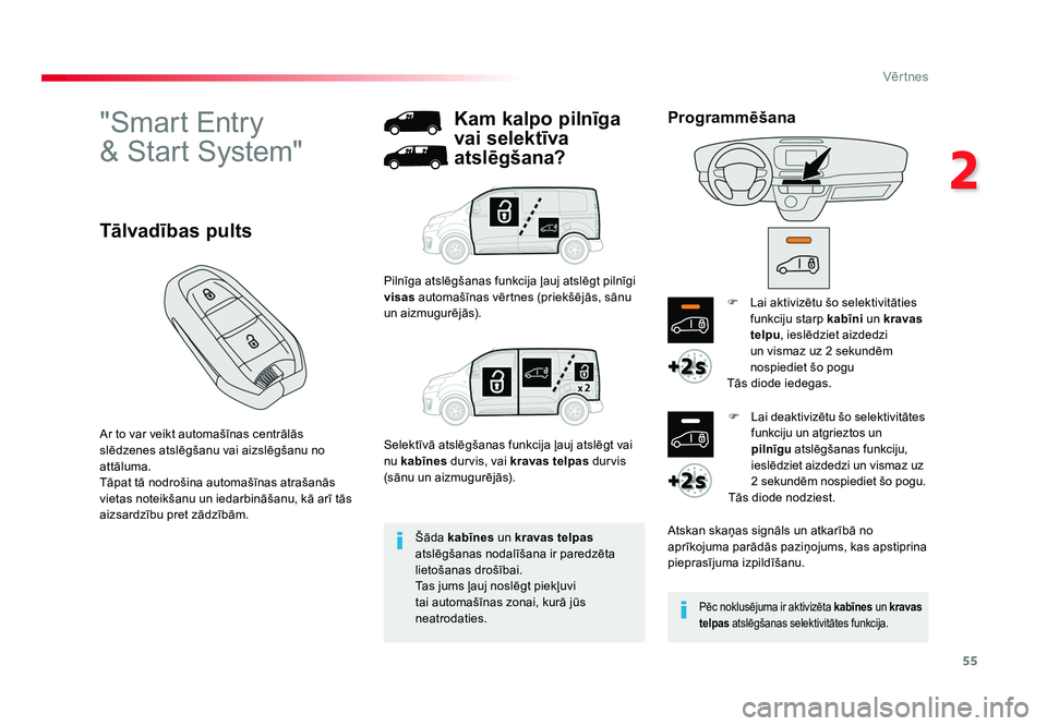 TOYOTA PROACE 2019 Lietošanas Instrukcija (in Latvian) 55
2
Vēr tnes
Jumpy _lv_Chap02_ouvertures_ed01-2016
"Smart Entry
& Start System"
Ar to var veikt automašīnas centrālās
slēdzenes atslēgšanu vai aizslēgšanu no
attāluma.
Tāpat t TOYOTA PROACE 2019 Lietošanas Instrukcija (in Latvian) 55
2
Vēr tnes
Jumpy _lv_Chap02_ouvertures_ed01-2016
"Smart Entry
& Start System"
Ar to var veikt automašīnas centrālās
slēdzenes atslēgšanu vai aizslēgšanu no
attāluma.
Tāpat t