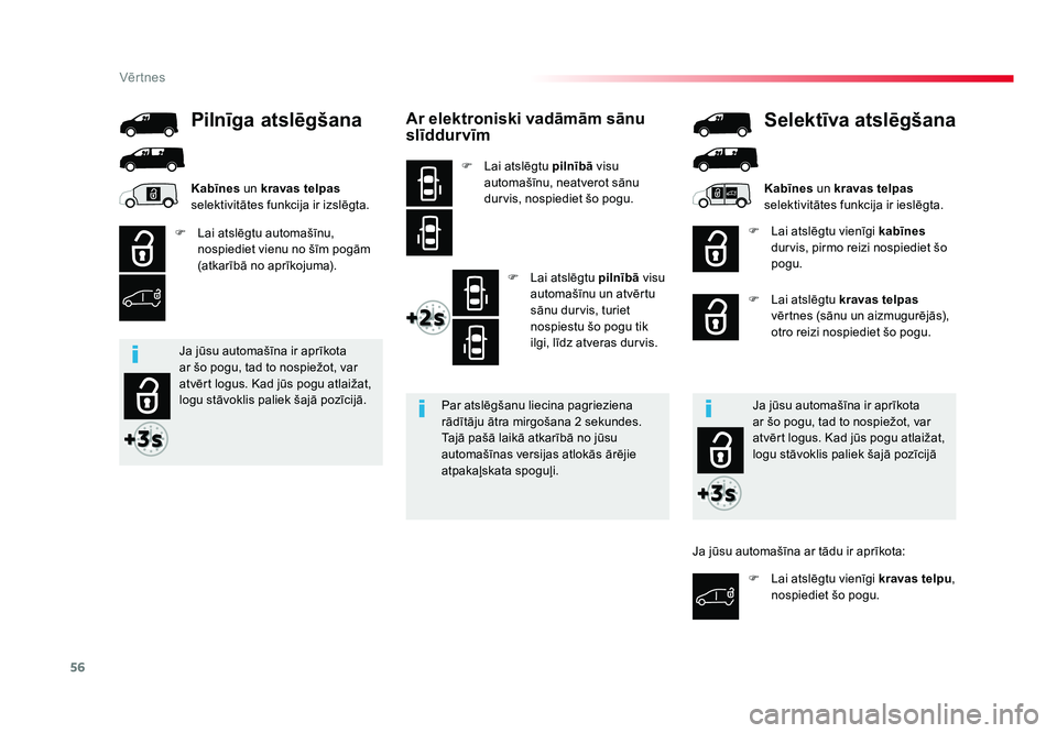 TOYOTA PROACE 2019 Lietošanas Instrukcija (in Latvian) 56
Vēr tnes
Jumpy _lv_Chap02_ouvertures_ed01-2016
Ar elektroniski vadāmām sānu
slīddurvīm
F Lai atslēgtu pilnībā visu
automašīnu, neatverot sānu
durvis, nospiediet šo pogu.
F Lai ats TOYOTA PROACE 2019 Lietošanas Instrukcija (in Latvian) 56
Vēr tnes
Jumpy _lv_Chap02_ouvertures_ed01-2016
Ar elektroniski vadāmām sānu
slīddurvīm
F Lai atslēgtu pilnībā visu
automašīnu, neatverot sānu
durvis, nospiediet šo pogu.
F Lai ats