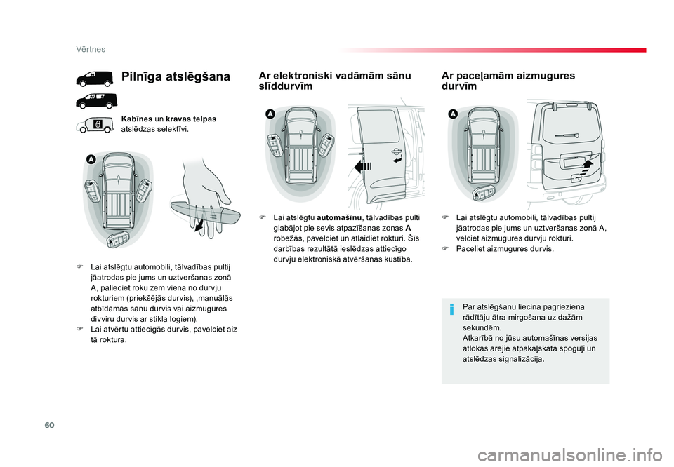 TOYOTA PROACE 2019 Lietošanas Instrukcija (in Latvian) 60
Vēr tnes
Jumpy _lv_Chap02_ouvertures_ed01-2016
Kabīnes un kravas telpas
atslēdzas selektīvi.
Par atslēgšanu liecina pagrieziena
rādītāju ātra mirgošana uz dažām
sekundēm.
Atkarīb TOYOTA PROACE 2019 Lietošanas Instrukcija (in Latvian) 60
Vēr tnes
Jumpy _lv_Chap02_ouvertures_ed01-2016
Kabīnes un kravas telpas
atslēdzas selektīvi.
Par atslēgšanu liecina pagrieziena
rādītāju ātra mirgošana uz dažām
sekundēm.
Atkarīb