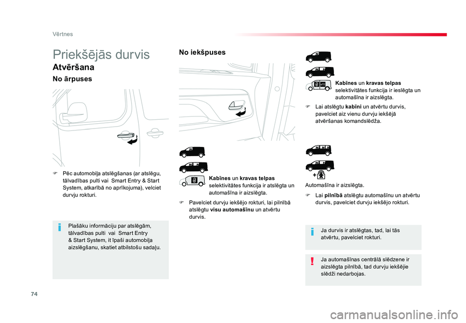 TOYOTA PROACE 2019  Lietošanas Instrukcija (in Latvian) 74
Vēr tnes
Jumpy _lv_Chap02_ouvertures_ed01-2016
Priekšējās durvis
Atvēršana
No ārpuses
F  Pavelciet durvju iekšējo rokturi, lai pilnībā atslēgtu  visu automašīnu  un atvērtu 
durvis. 