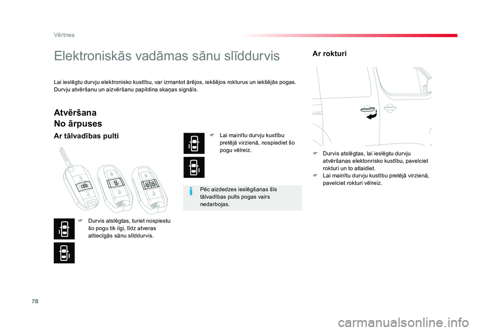 TOYOTA PROACE 2019  Lietošanas Instrukcija (in Latvian) 78
Vēr tnes
Jumpy _lv_Chap02_ouvertures_ed01-2016
Elektroniskās vadāmas sānu slīddurvis
Lai ieslēgtu durvju elektronisko kustību, var izmantot ārējos, iekšējos rokturus un iekšējās pogas