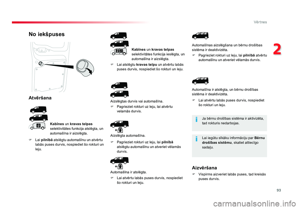TOYOTA PROACE 2019 Lietošanas Instrukcija (in Latvian) 93
2
Vēr tnes
Jumpy _lv_Chap02_ouvertures_ed01-2016
Ja bērnu drošības sistēma ir aktivizēta,
tad rokturis nedarbojas.
Lai iegūtu sīkāku informāciju par Bērnu
drošības sistēmu , skatiet TOYOTA PROACE 2019 Lietošanas Instrukcija (in Latvian) 93
2
Vēr tnes
Jumpy _lv_Chap02_ouvertures_ed01-2016
Ja bērnu drošības sistēma ir aktivizēta,
tad rokturis nedarbojas.
Lai iegūtu sīkāku informāciju par Bērnu
drošības sistēmu , skatiet
