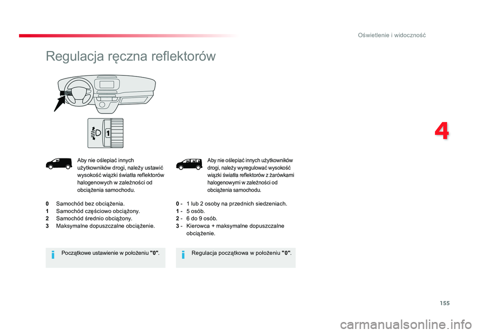 TOYOTA PROACE 2019  Instrukcja obsługi (in Polish) 155
4
Oświetlenie i widoczność
Jumpy _pl_Chap04_eclairage-et-visibilite_ed01-2016
Aby 	nie 	oślepiać 	innych 	użytkowników 	
drogi, 	należy 	wyregulować 	wysokość 	
wiązki 	światła 	refl