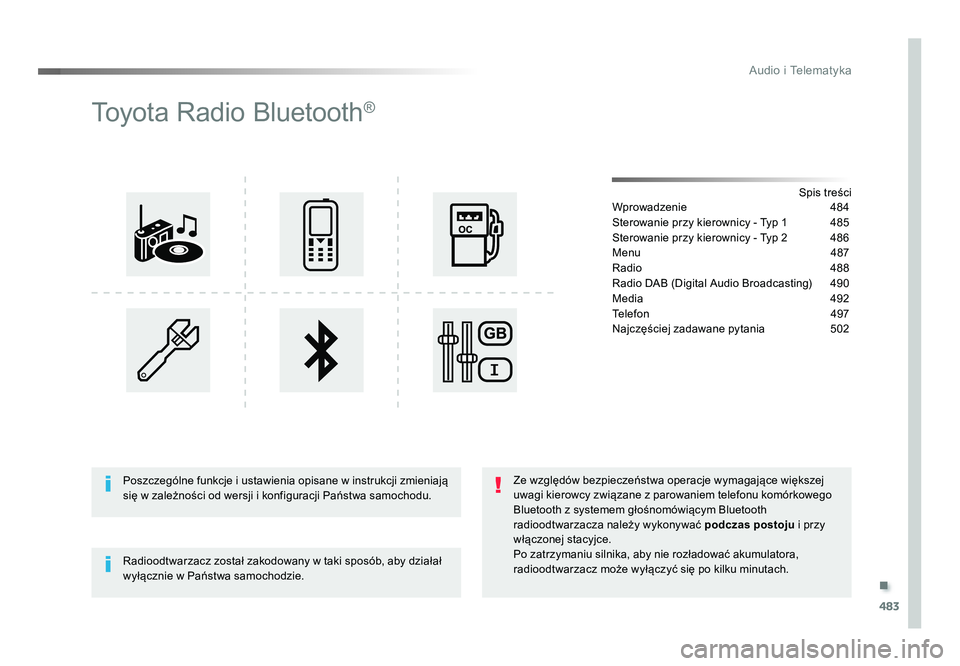 TOYOTA PROACE 2019 Instrukcja obsługi (in Polish) .
483
Audio i Telematyka
Jumpy_pl_Chap10d_RD6_ed01-2016
Toyota Radio Bluetooth®
Spis treści
Wprowadzenie 484
Sterowanie przy kierownicy - Typ 1 485
Sterowanie przy kierownicy - Typ 2 486
Menu TOYOTA PROACE 2019 Instrukcja obsługi (in Polish) .
483
Audio i Telematyka
Jumpy_pl_Chap10d_RD6_ed01-2016
Toyota Radio Bluetooth®
Spis treści
Wprowadzenie 484
Sterowanie przy kierownicy - Typ 1 485
Sterowanie przy kierownicy - Typ 2 486
Menu